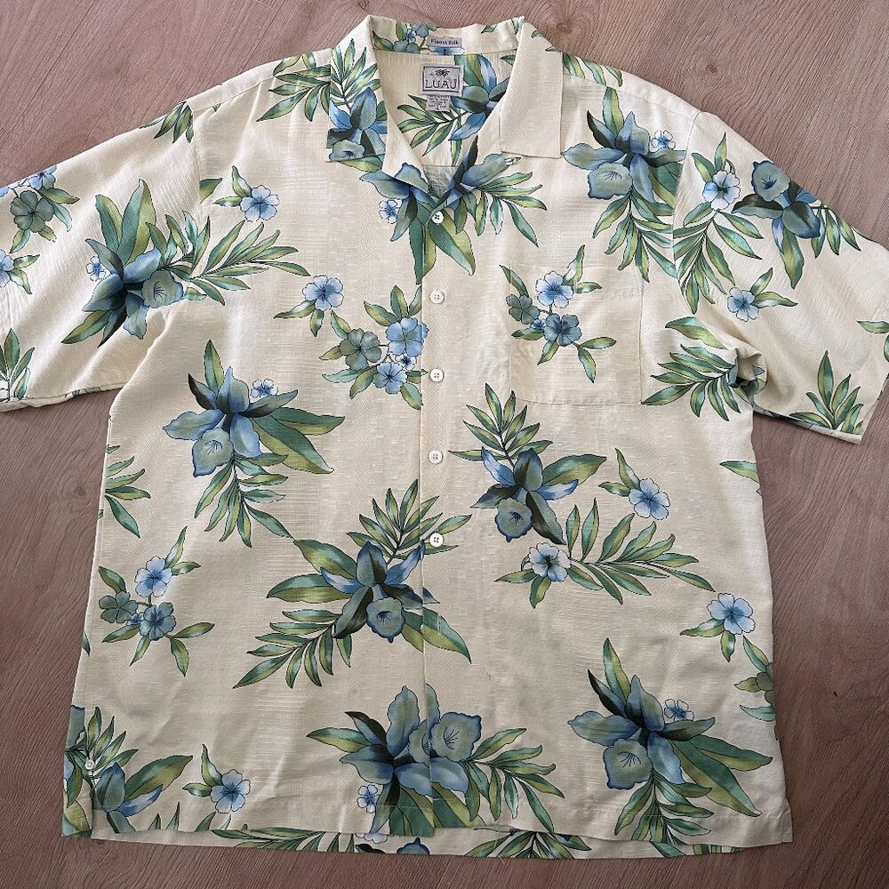 Luau 100% Silk Hawaiian Shirt sz XL - Cream & Blue